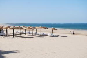 a beach with umbrellas on the sand at Tranvía Beach House in Chipiona