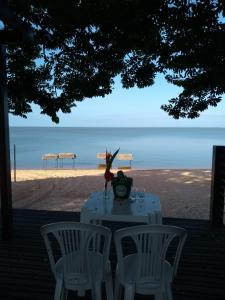 - une table et des chaises sur une plage donnant sur l'océan dans l'établissement Chalés Casa de Vidro, à Alter do Chão