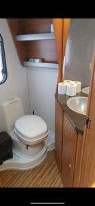 a small bathroom with a toilet and a sink at Caravan In the Desert in Eilat