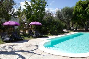 a swimming pool with chairs and umbrellas next to it at Villa Casa Rosa in Olhão
