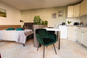 a kitchen with a table and a green chair at Blommehûs in Workum