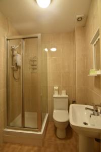 a bathroom with a shower and a toilet and a sink at Cosy 1 Bed Studio in King's Cross in London