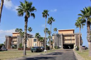 a palm tree lined street in front of a building at Channelview 213 in Port Aransas