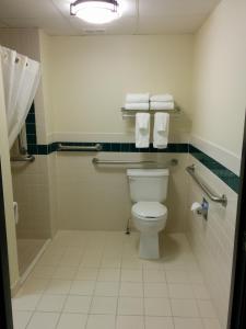 a bathroom with a toilet and towels on the wall at AmericInn by Wyndham Princeton MN in Princeton