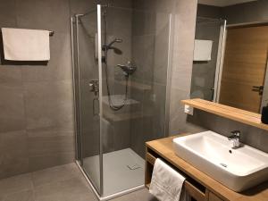 ein Bad mit einer Dusche und einem Waschbecken in der Unterkunft Apartment42 in Brixen