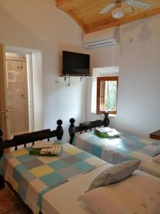two beds in a room with a tv on the wall at Rustical Apartment in Korčula