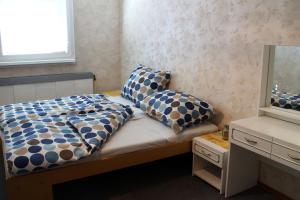 een kleine slaapkamer met een bed en een spiegel bij Dom Petra in Štúrovo