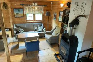 SitnoにあるDomek w Sitnieのソファとストーブのあるリビングルーム