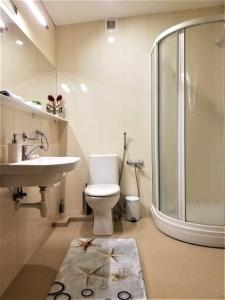 y baño con ducha, aseo y lavamanos. en Beautiful Apartment in the heart of Birstonas, en Birštonas
