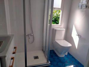 La salle de bains est pourvue d'une douche, de toilettes et d'un lavabo. dans l'établissement La Casita de Barrañán Playa, à Arteixo