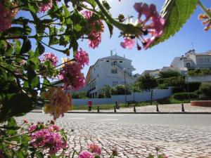 a street with pink flowers in front of a building at Hospedaria Firmino Bernardino in Odeceixe