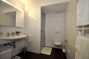 La salle de bains est pourvue d'une douche, d'un lavabo et de toilettes. dans l'établissement Rachögna, à Scuol