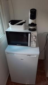 a microwave oven sitting on top of a refrigerator at El patio de Villa Pancho in Chipiona