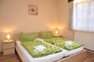 two beds in a bedroom with green pillows at Hotel Jägerklause in Schmalkalden