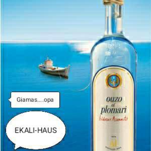 a bottle of wine with a boat in the background at Ekali-Haus in Nea Iraklia