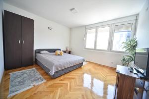 a bedroom with a bed and a television in it at Apartman Centar Lux in Pirot