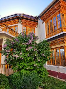 un edificio con un arbusto en flor delante de él en Hotel Royal Plaza, en Leh