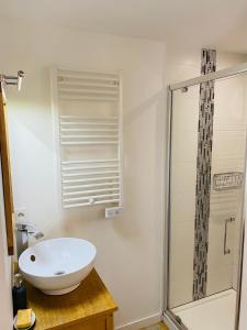 La salle de bains est pourvue d'un lavabo blanc et d'une douche. dans l'établissement Chaumière des Dunes à 350m de la plage de Kerhillio, à Erdeven