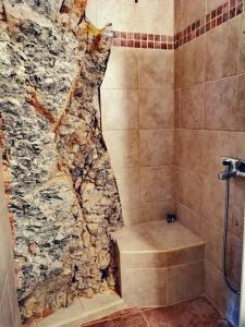 La salle de bains est pourvue d'une douche et d'un mur en pierre. dans l'établissement Flygonion Guesthouse, à Kiriákion