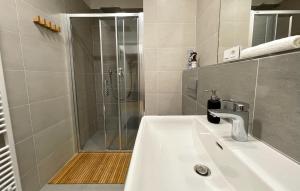 ein Bad mit einem Waschbecken und einer Dusche in der Unterkunft Apartmán Dolce Vita Harrachov 1.8 in Harrachov