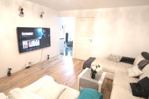 ein Wohnzimmer mit einem Sofa und einem Flachbild-TV in der Unterkunft ***UPSCALE***CITY CENTER* in Oslo