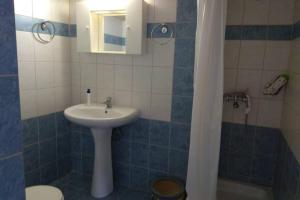 W łazience znajduje się umywalka, toaleta i prysznic. w obiekcie Tris Ekklisies Seaside Beach Apartment w mieście Paránimfoi