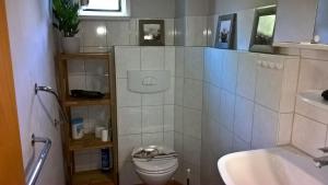 ein Bad mit einem WC und einem Waschbecken in der Unterkunft Ferienwohnung Karoline Eisenach in Eisenach