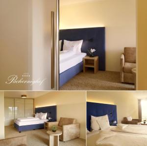 two pictures of a hotel room with a bed and a chair at Hotel Pachernighof in Velden am Wörthersee