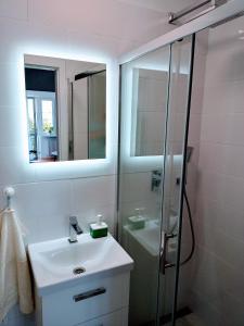 W łazience znajduje się umywalka oraz prysznic z lustrem. w obiekcie Mieszkanie Turkus w Gnieźnie w Gnieźnie