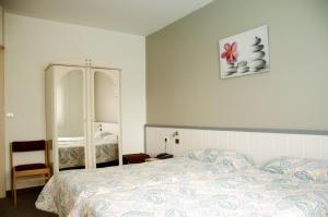 a bedroom with a bed and a dresser and a mirror at Les Portes du Cantal in Massiac