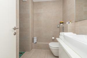 La salle de bains est pourvue de toilettes, d'un lavabo et d'une douche. dans l'établissement Villa Steffi, à Baška Voda