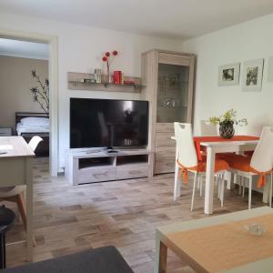 een woonkamer met een televisie en een tafel en stoelen bij Ferienwohnung Ostrau in Bad Schandau
