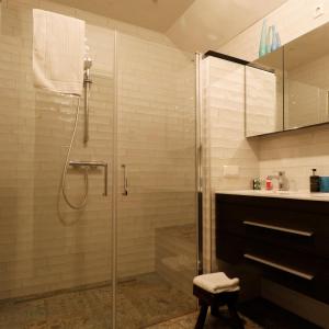 uma casa de banho com um chuveiro e um lavatório. em B&B Bergheide em Baexem