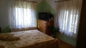 a bedroom with a bed and a tv and windows at Къща под наем PETROVA in Cherven