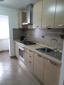 a kitchen with a sink and a stove top oven at MODERN Apartament in Făgăraş