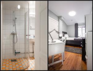 2 immagini di un bagno con doccia e lavandino di Continental Apartment Hotel Helsingborg a Helsingborg
