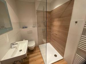 uma casa de banho com um chuveiro, um lavatório e um WC. em Fewo Weser em Holzminden