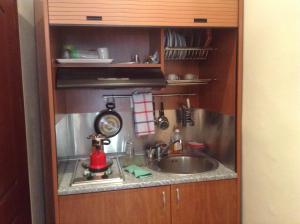 uma pequena cozinha com um lavatório num armário em Πανδοχείο Λίμνης Πλαστήρα em Kastaniá