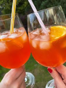 deux mains tenant deux verres de jus d'orange dans l'établissement Fewo Weser, à Holzminden