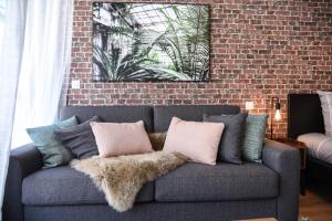 a living room with a couch with pillows at Nice and modern studio in the heart of Annecy in Annecy