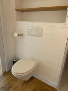 a bathroom with a white toilet in a room at Horenbecca studio met tuin zwembad & bistro in Horebeke