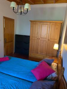 a bedroom with a blue bed with two pink pillows at Casa Rural Finca La Laguna in San Sebastián de la Gomera