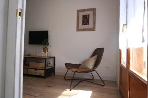un salon avec une chaise et une télévision dans l'établissement Apartamento La Espata, à Villanúa