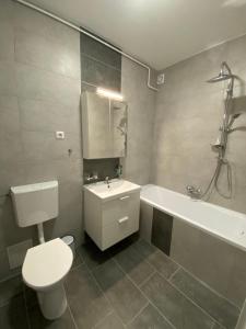 a bathroom with a toilet and a tub and a sink at Bella apartman Balatonalmádi in Balatonalmádi