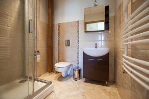 a bathroom with a toilet and a sink and a shower at Liepas in Ventspils