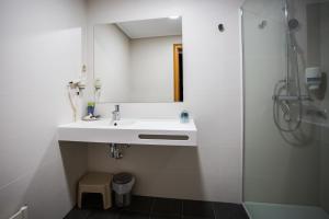 y baño blanco con lavabo y ducha. en Hotel II Virrey en El Burgo de Osma
