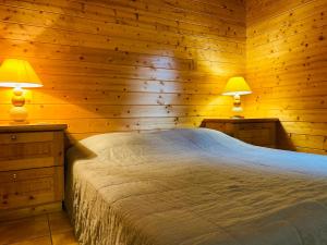 ジェラールメにあるChalet Brimbelleの木製の壁のベッドルーム1室、ベッド1台(ランプ2つ付)