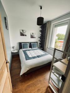 een slaapkamer met een groot bed en een raam bij le numero 100 in Nancy