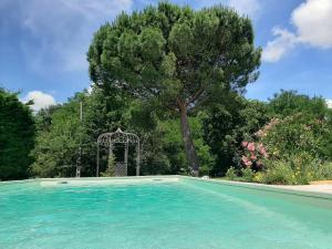 uma grande piscina com uma árvore ao fundo em Chambre soignée et accueillante à la campagne - Ch. Jaune em L Honor De Cos