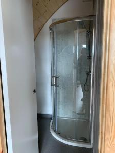 a shower in a room with a glass door at Glastonbury Glamping in Wells